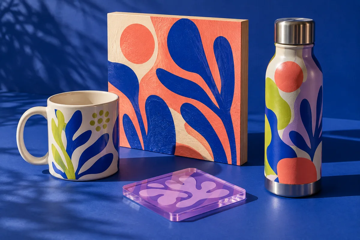 Illustrative concept of a personalised mug, art panel, flask and coaster